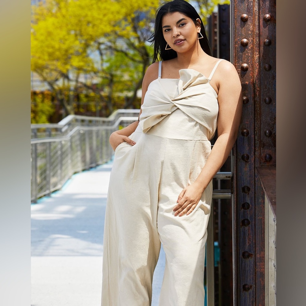 Eloquii tie bodice jumpsuit cream beige tan wide leg